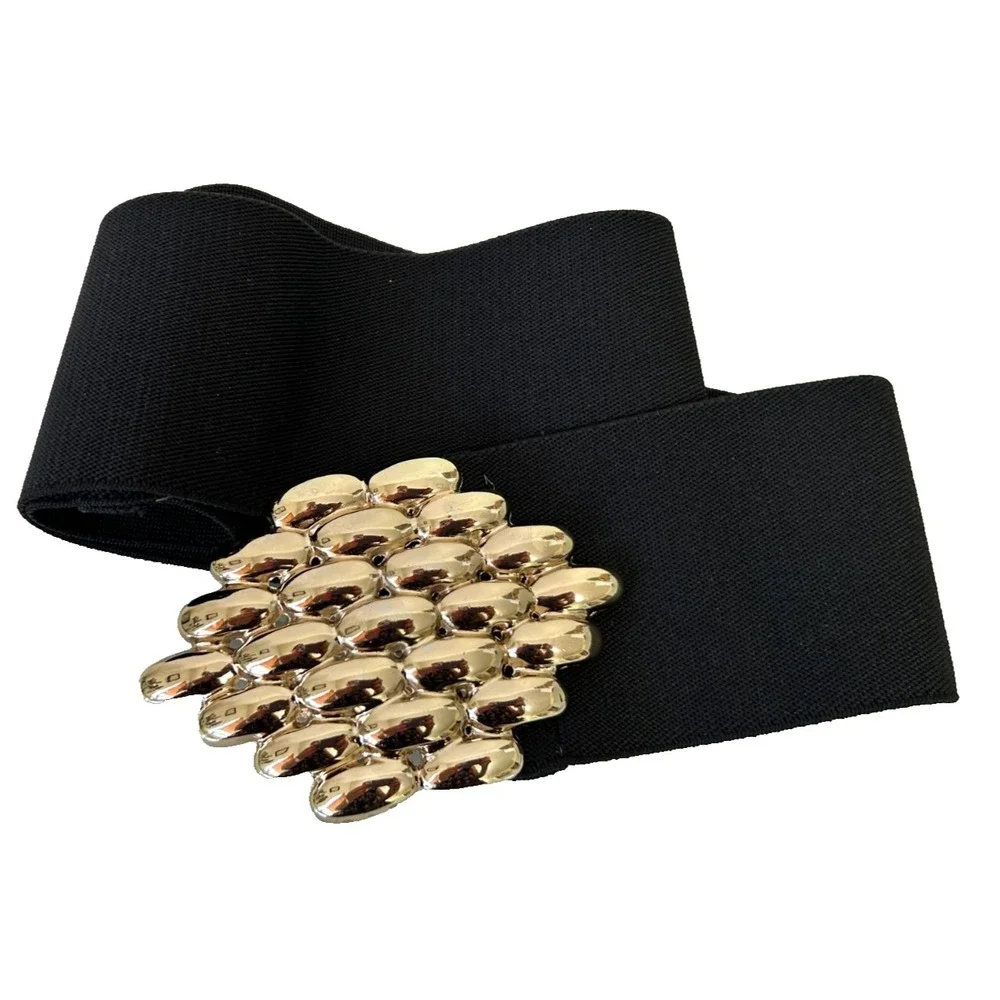 Vintage 80s Black Wide Elastic Waist Belt L Retro Glam Gold Basketweave Buckle